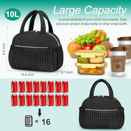 Coobiiya Quilted Puffer Insulated Lunch Bag Women Men, Cute Cotton-Like Taslan Lunch Box for Women Men, Thermal Waterproof Cooler Bag Large Capacity for Work Picnic Travel（Black） - color: Black Woven Cotton