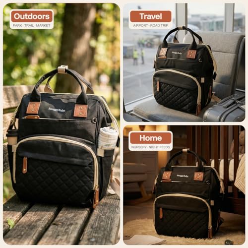 SNUGGY BABY Diaper Bag with Changing Station, Diaper Backpack with Changing Pad, Portable Diaper Organizer, Insulated Bottle Holders, Large Capacity, Water-Resistant Travel Bag (Black) - color: Black