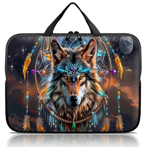 14 15 15.4 15.6 inch Laptop Handle Bag Computer Bag, Pouch Holder Notebook Sleeve Cover Soft Case Compatible for Dell,Lenovo,Toshiba HP, Asus Notebook-Dream Catcher Wolf - color: Dream Catcher Wolf
