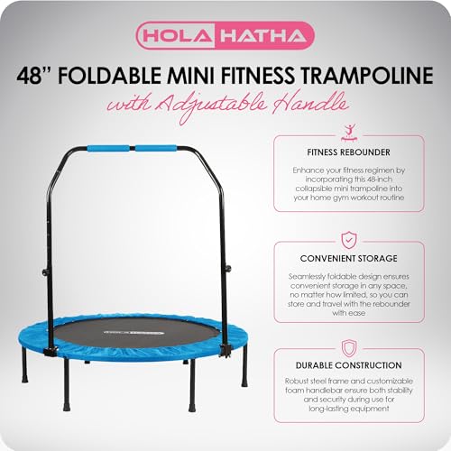 HolaHatha Portable Foldable Mini Trampoline Fitness Rebounder with 5 Level Adjustable Handle, Supports up to 440 Pounds, 48-Inch, Blue