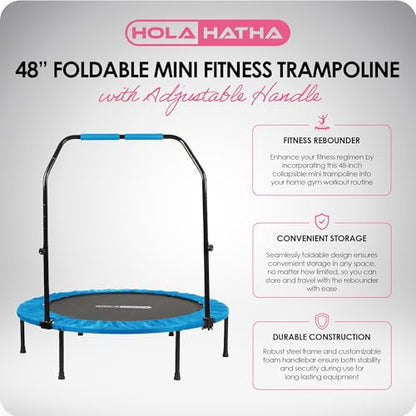 HolaHatha Portable Foldable Mini Trampoline Fitness Rebounder with 5 Level Adjustable Handle, Supports up to 440 Pounds, 48-Inch, Blue
