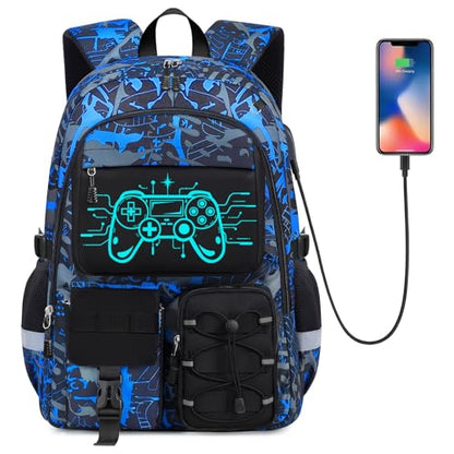 School Backpack for Boys - Gamer Boys Backpacks for Kids Teens Elementary Middle High School,18″ Large Capacity Students Bookbag with Usb Charging Port - color: Game002-only
