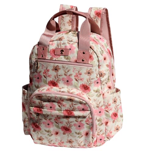 ESVAN Diaper Bag Backpack, Large Capacity Multifunction Baby Essentials Fashion Travel Pack Linen Canvas office Laptop Bag (Corduroy Pink Flower) - color: Corduroy Pink Flower