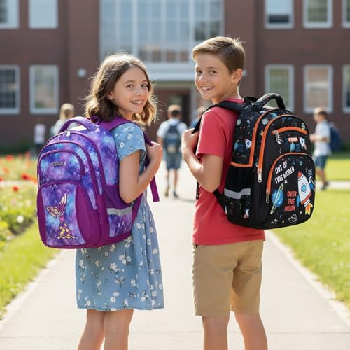Cusangel Backpack for Boys Girls School Bookbags,Kindergarten Elementary Middle School Lightweight Waterproof Multifunctional Large Capacity for Backpack (16 inch Space Fun Prints) - color: Black Space 16in