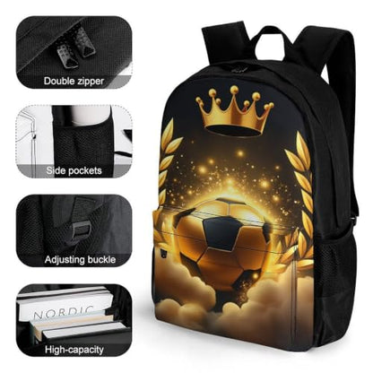 Golden Crown Soccer Backpack, Durable Polyester Daypack with Laptop Compartment, Reinforced Bottom, Adjustable Shoulder Straps And Multi Pockets for Travel And Daily Use - color: Golden Crown Soccer