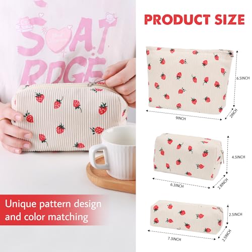 3 Pcs Makeup Bag Cosmetic Bag Set for Girls Women Travel Organizer Bathroom Toiletry Pouch Large Capacity Storage Bag (Strawberry Beige) - color: Strawberry Beige