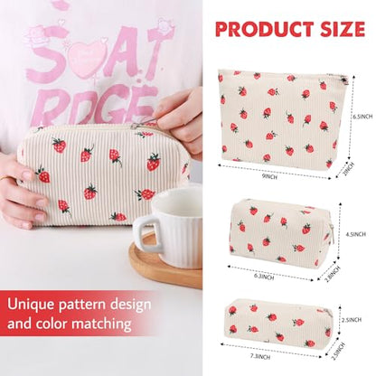 3 Pcs Makeup Bag Cosmetic Bag Set for Girls Women Travel Organizer Bathroom Toiletry Pouch Large Capacity Storage Bag (Strawberry Beige) - color: Strawberry Beige