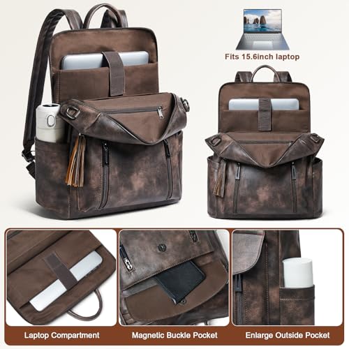 Shrrie Laptop Backpack for Women 15.6 inch,Travel Leather Backpack Purse Nurse Teacher Carry on Backpack Computer Bag,Professional Water-Resistant College Business Work Casual Daypack,Two-toned Coffee - color: Two-toned Coffee