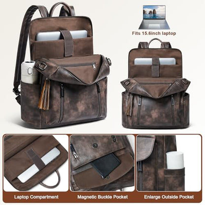 Shrrie Laptop Backpack for Women 15.6 inch,Travel Leather Backpack Purse Nurse Teacher Carry on Backpack Computer Bag,Professional Water-Resistant College Business Work Casual Daypack,Two-toned Coffee - color: Two-toned Coffee