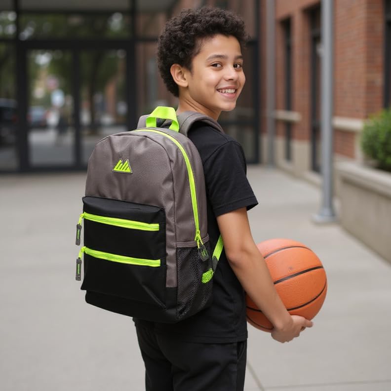 Summit Ridge Colorful Big Backpack for School Kids, Multi Pocket Backpack for Elementary, Middle School Girls, Boys with Padded Straps (Grey/Black) - color: Grey/Black