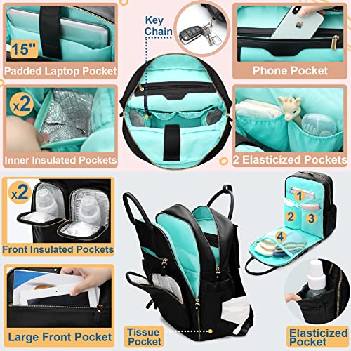 MOMINSIDE Diaper Bag Backpack, Leather Baby Bag with 18 Pockets, Diaper Backpack for Women Mom, Travel Baby Bag for Girl Boy, Large Wet Pocket, 4 Insulated Pockets, Stroller Straps, Black - color: Black
