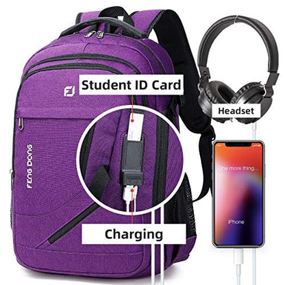 FENGDONG Durable Waterproof Travel Large Laptop Backpack 17.3 inch,College Backpack Bookbag for Men & Women Business Backpack with USB Charging Port and Headset Port Purple - color: A1-purpie