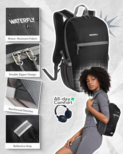 WATERFLY Small Lightweight Packable Backpack: 10L Mini Ultra Light Foldable Travel Sport Cycling Daypack with Breathable Shoulder Strap Outdoor Hiking Walking Day Pack for Women Men - color: Black