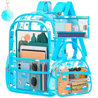 AGSDON Serene Sky Blue Clear Bookbag – Cloud Cat-Print See Through Backpack for Girls Set with Rainbow Strap, Heavy Duty 17" Women Transparent School Bag & Pouch - color: Clear Backpack Set - Cloud Cat Blue