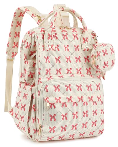 Corduroy Diaper Bag Backpack, Large Capacity Multifunction Baby Diaper Bags for Women, Insulated Bottle Pockets & Pacifier Case, Stylish Travel Nappy Changing Bags for Mom Dad (Bow Pink) - color: Corduroy Bow Pink
