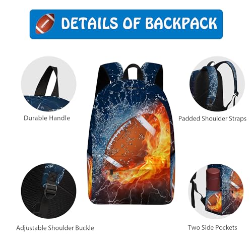 3PCS Backpack for Boys Girls, Kids Football Back to School Backpack Sets with Lunch Bag Pencil Case, 17 Inch Lightweight Bookpack 3 in 1 Set for Teens Elementary Middle High School Students - color: Water Fire Football