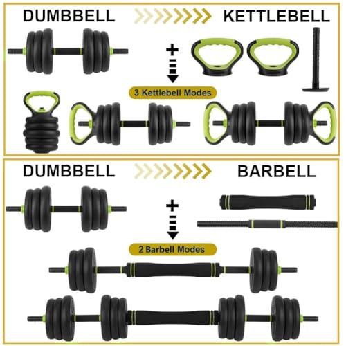 44/66/88 Lbs Adjustable Dumbbell Set, 4-in-1 Free Weights Set with Connector, Fitness Exercise Equipment Used As Barbell, Kettlebells, Push Up Stand, Weights Set for Home Gym Suitable Men/Women - color: 66 lbs green