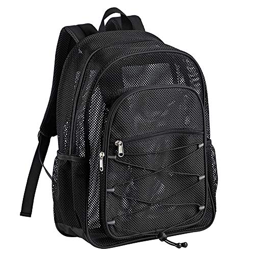 COVAX Heavy Duty Mesh Backpack, See Through College Backpack, Semi-transparent Mesh Bookbag with Bungee and Comfort Padded Straps for Commuting, Swimming, Beach, Outdoor Sports - color: Black