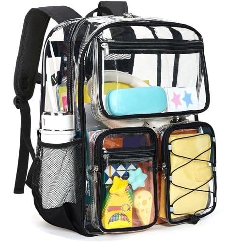 Vorspack Clear Backpack for School - Heavy Duty Clear Bookbag for Girls Boys Extra Large Multi-Pocket See Through Backpacks for Teens, Travel, Work, Festival - Black - color: Black, size: X-Large