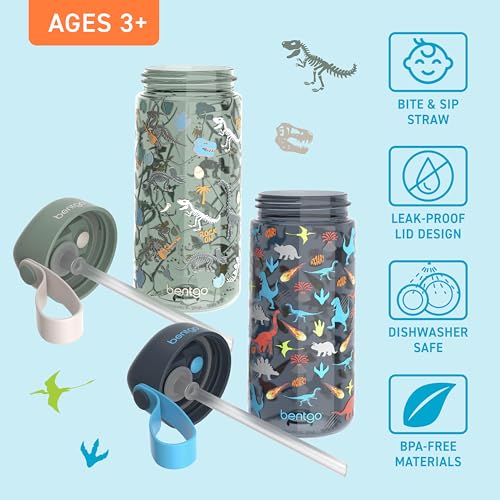 Bentgo Kids Water Bottle 2-Pack - Leak-Proof Durable Tritan BPA-Free 15 oz Cup for Kids/Toddlers Ages 3+; Bite & Sip Spout + Dishwasher Safe for School/Sports/Daycare/Camp (Dinosaur/Dino Fossils) - color: Dinosaur & Dino Fossils