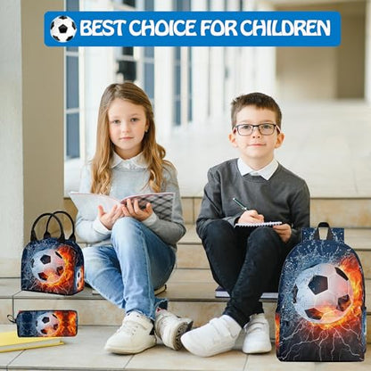 3PCS Backpack for Boys Girls, Kids Soccer Back to School Backpack Sets with Lunch Bag Pencil Case, 17 Inch Lightweight Bookpack 3 in 1 Set for Teens Elementary Middle High School Students - color: Water Fire Soccer