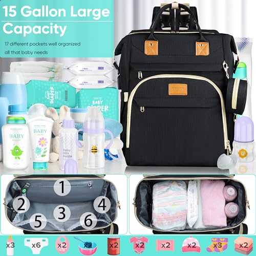 ZRSUN Diaper Bag Backpack, Multifunctional Baby Travel Bag with Foldable Changing Station, Portable Changing Pad, USB Charging Port, Black - color: Black
