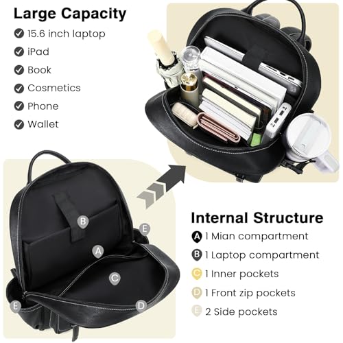 Vegan Leather Laptop Backpack for Women Designer 15.6 Inch PU Laptop Bag, Ladies Travel Computer Work Backpack - color: Black