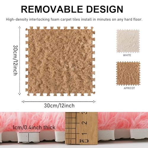Thickened Plush Foam Interlocking Floor Carpet Mat, 24 Piece 12x12in Fluffy Square Puzzle Foam Carpet Tiles with Edgings, Soft Anti-Slip Shaggy Area Rug Playmat (Apricot+White) - color: Apricot+white