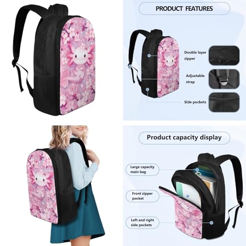 Flashideas Cherry Blossom Axolotl Backpack for Girls Kids Backpack with Lunch Box 32 oz Water Bottle and Water Bottle Holder 4Pcs Set 17" Large Capacity Elementary Bookbag with Compartments for School - color: Cherry Blossom Axolotl-7