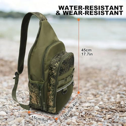 MYDAYS Fishing Sling Tackle Storage Bag, Lightweight Outdoor Sling Tackle Backpack for Fishing Gear and Equipment (Green Camo)