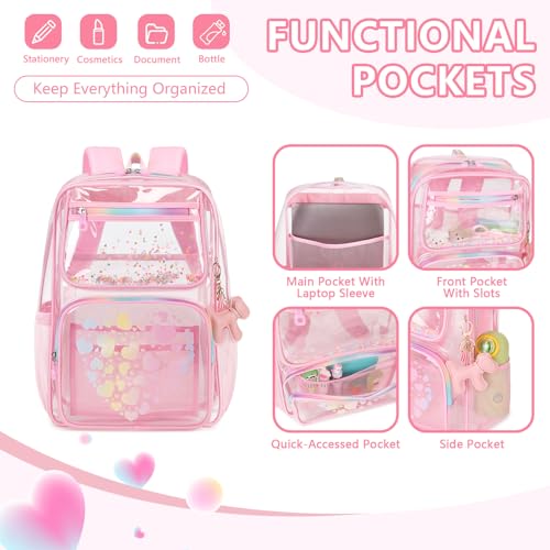 MOONBABY Clear Backpack for School Girls, Heavy Duty TPU Transparent Backpack Stadium Events Approved, Clear Bookbag - color: Pink