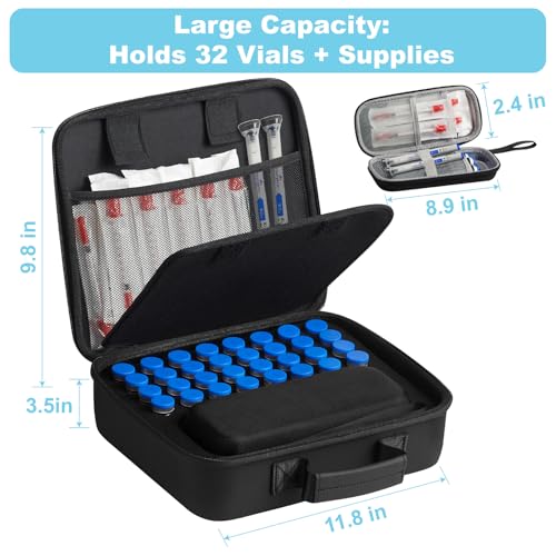 2-in-1 Peptide Case & Insulin Cooler Travel Case – 32-Vial Fridge Organizer "Mother" Bag + Detachable TSA Approved "Son" Carrier with 150g Ice Pack for GLP-1, Pens & Syringes (Black)
