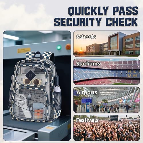 Clear Backpacks for Girls Women, Heavy Duty PVC Transparent Back Pack See Through Boys Kids Clear Bookbags for School Checkered Navy Blue - color: Checkered Navy Blue