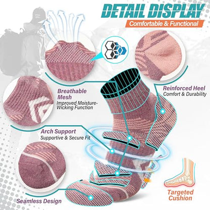 ANTSANG 6 Pairs Merino Wool Quarter Ankle Hiking Running Socks Compression Thermal Thick Cushion Socks for Women Men - color: Pink Series, size: Large