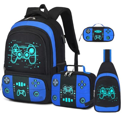 Bevalsa Backpack for School Boys, Cool Luminous Gamer Boys Schoolbag with Sling Bag,Lunch Box & Pencil Case for Kids Children Teens Elementary Middle School(Blue Game Backpack with Shoulder Bag) - color: Blue Game, style: Backpack With Shoulder Bag