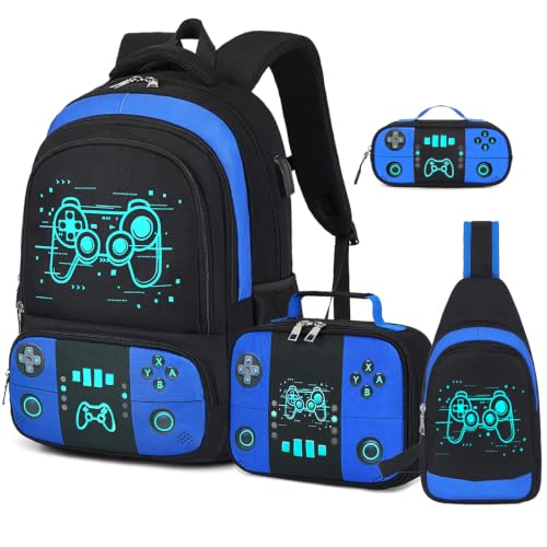 Bevalsa Backpack for School Boys, Cool Luminous Gamer Boys Schoolbag with Sling Bag,Lunch Box & Pencil Case for Kids Children Teens Elementary Middle School(Blue Game Backpack with Shoulder Bag) - color: Blue Game, style: Backpack With Shoulder Bag