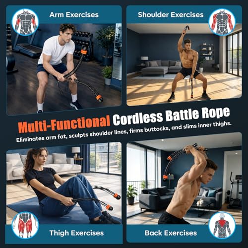 Cordless Battle Ropes with Adjustable Resistance Springs - Weighted Ropeless Battle Rope for Home Gym Exercise, Portable Workout Equipment for Strength Training & Cardio Fitness Orange& Black