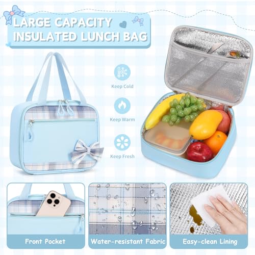 MOONBABY Girls Backpack, Kids Backpack for Girls School Bags with Lunch Bag & Pen Case, Bow Plaid Book Bag for Elementary Middle Primary High School College,Blue-3pcs - color: Blue Set