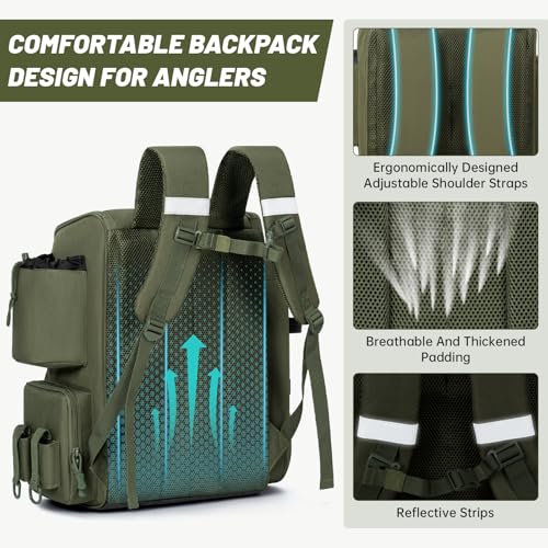 40L Fishing Backpack Water Resistant Fishing Tackle Bag with 2 Rod Holders, Tackle Storage Bag for Anglers(Green Bag Only) - color: Green
