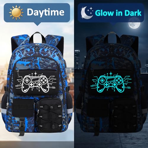 School Backpack for Boys - 4pcs Gamer Boys Backpack with Lunch Box Set for Kids Teens Elementary Middle High School,18″ Large Capacity Students Bookbag with Usb Charging Port & Key-chain - color: Game002-set