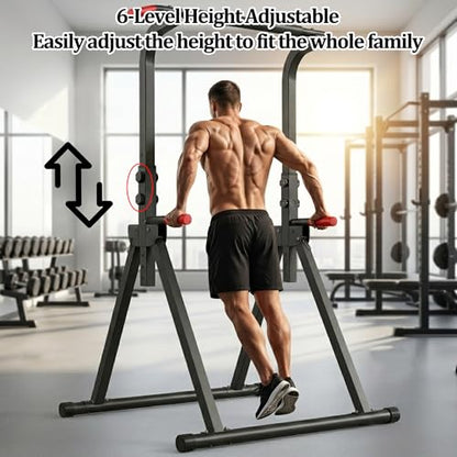 KINMAC Foldable Power Tower Pull Up Bar Station for Home Gym, 6-Level Adjustable Height Dip Station, Heavy-Duty Industrial Steel Workout Equipment, Space-Saving Free-Standing Strength Training Station for Apartment, 440LBS Capacity