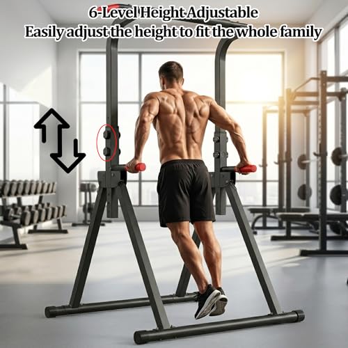 Foldable Pull Up Bar Standing Power Tower, Multi-Function Dip Station, 6-Level Adjustable Height Strength Training Equipment for Home Gym, 440lbs Capacity