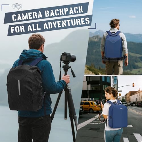 RAINSMORE Camera Backpack Hard Shell for DSLR/SLR Waterproof Camera Bag with Laptop Compartment 15.6 Inch Professional Camera Case with Rain Cover Photography Backpack Bag with Camera Lens Case Blue - color: Blue