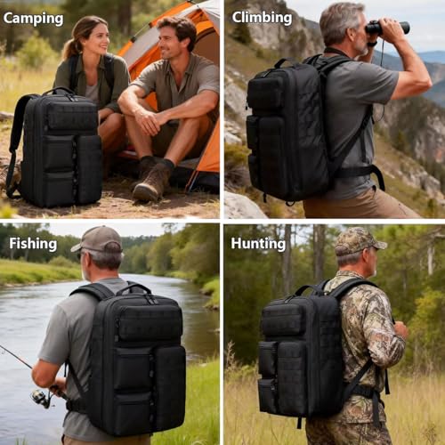 Tactical Camo Backpack for Men Women Waterproof Durable MOLLE Backpack Camping Hunting Emergency Preparedness - color: Black