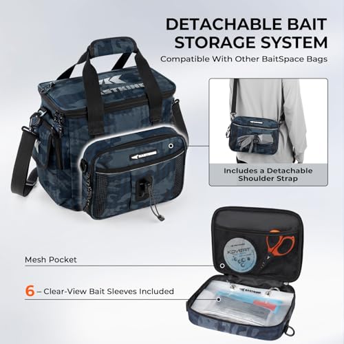 KastKing BaitSpace Fishing Tackle Bag With 4 Tackle Boxes & Removable Bait Binder, Water-Resistant Tackle Storage, Durable Fishing Gear, Adjustable Shoulder Strap - color: C: Blue Camo, size: Medium - 4*3600 Trays