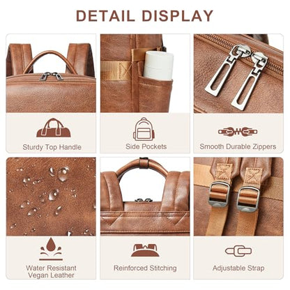 Shrrie Laptop Backpack for Women,Vegan Leather Backpack Work Computer Backpacks fits 16" Laptop,Water Resistant Teacher Nurse Casual Daypack for Weekender Camping Travel,Two-toned Brown - color: Two-toned Brown
