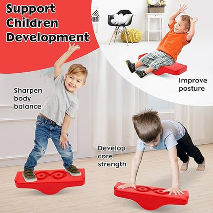 Kids Rocking Seesaw Balance Board with 5 Wooden Balls Sensory Training Rocking Board Balance Training Equipment Children Indoor Outdoor Activity Toy - color: Red