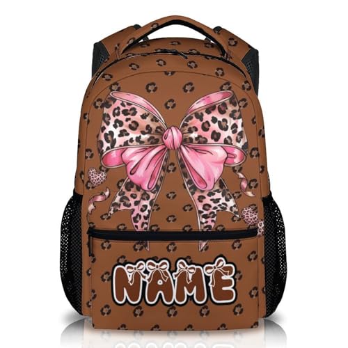 Backpack for Girls Personalized Bow Polka Dot Backpacks, 17 Inch Leopard Print for School Camp Picnic Team - color: Brown
