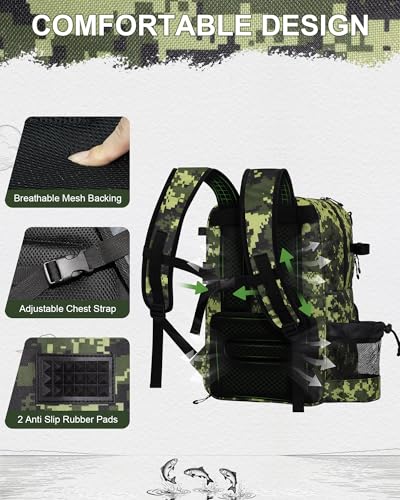 Fishing Backpack with Removable Bait Binder, Large Water Resistant Tackle Bag Storage Gear and Equipment for Fishing, Camping, Hiking, Green - color: Green Camo - Detachable