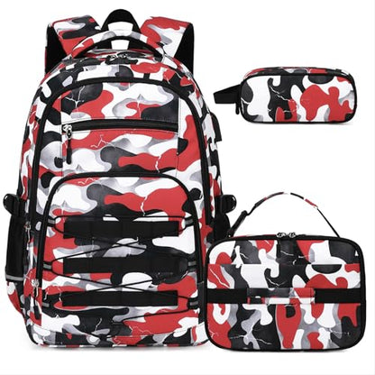 ACESAK Camo Backpack for Boys, Tactical Kids Backpack Boys, School Bags for Boy Children Teens Kids Elementary Middle High School, Military Bookbag and Lunch Bag Pencil Case Set with USB Charging Port - color: Red White